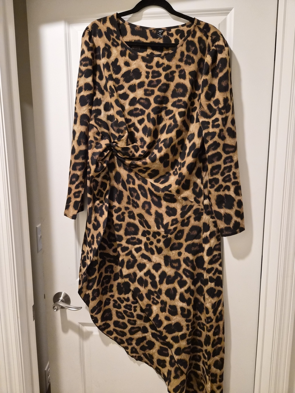 SHEIN Leopard Print Long-Sleeve Asymmetric Dress in Tan and Black